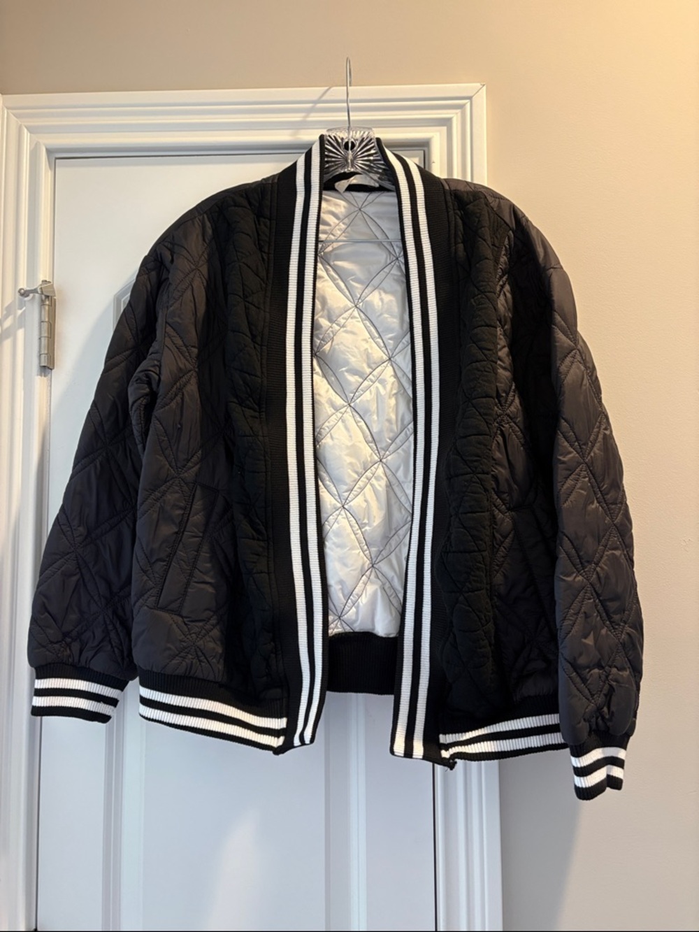Black Quilted Open Jacket with Striped Trim